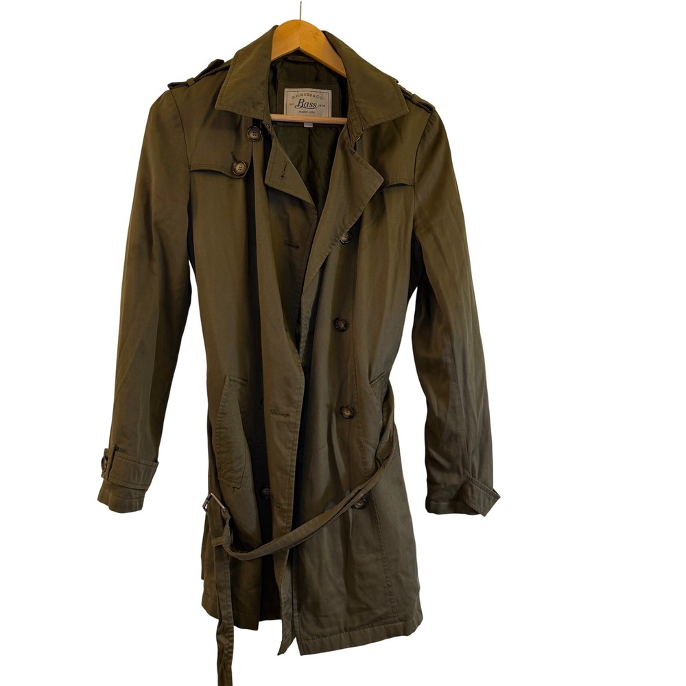 GH Bass & Co Womens Olive Green Double Breasted Trench Coat‎ Belted Size M